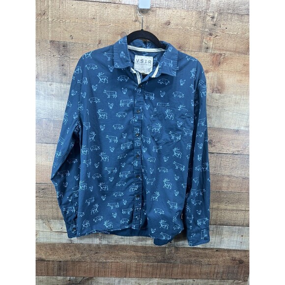 VSTR Premium Mens Blue Button Long Sleeve Shirt Butcher Print Large - Picture 1 of 12